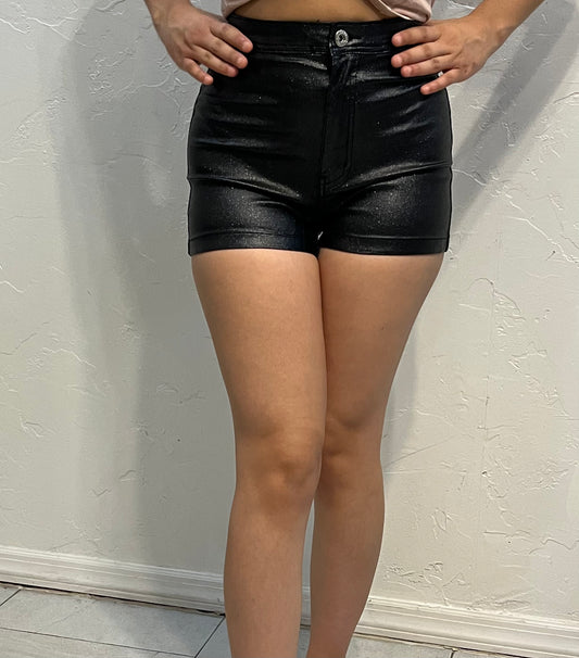 Black glitter leather shorts