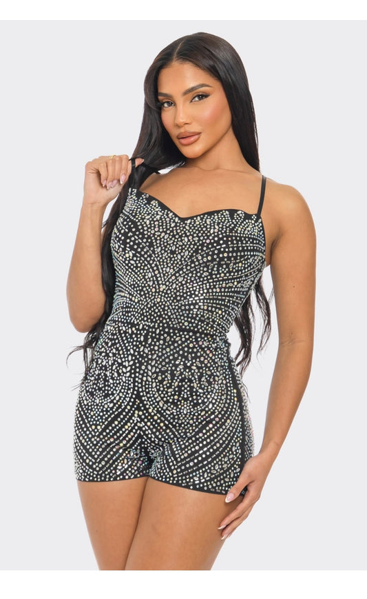 Black Rhinestone Romper